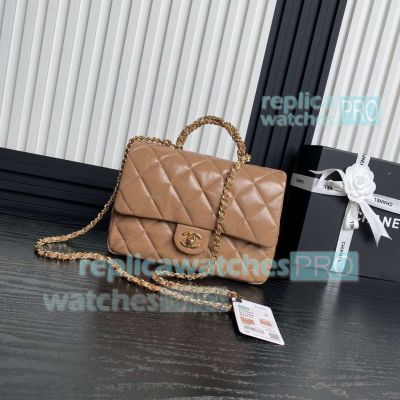 Copy Chane1 Mini Flap Bag with Top Handle Brown Leather